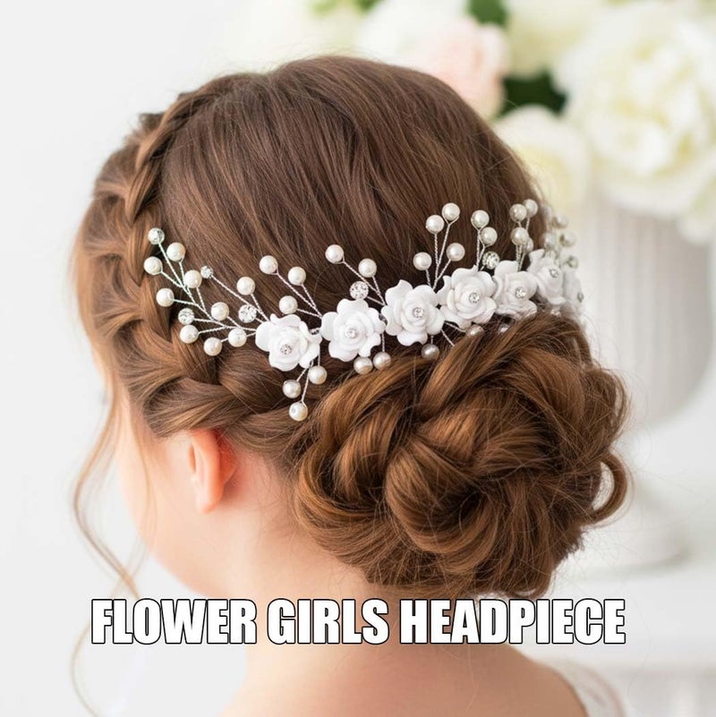 Campsis Flower Girls Hair Accessory, White Floral Headband, Pearl Headpiece for Bridal - Image 5